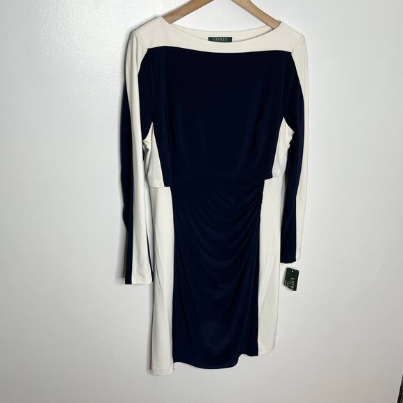 Lauren Ralph Lauren Womens Sheath Dress 14P Navy Cream Color Block Layered - Picture 3 of 15